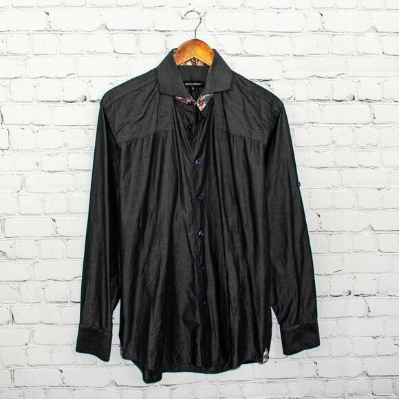 BOGOSSE Men's Button up Shirt Gray Cotton Paisley Flip Cuff 3 fits large - Picture 1 of 7